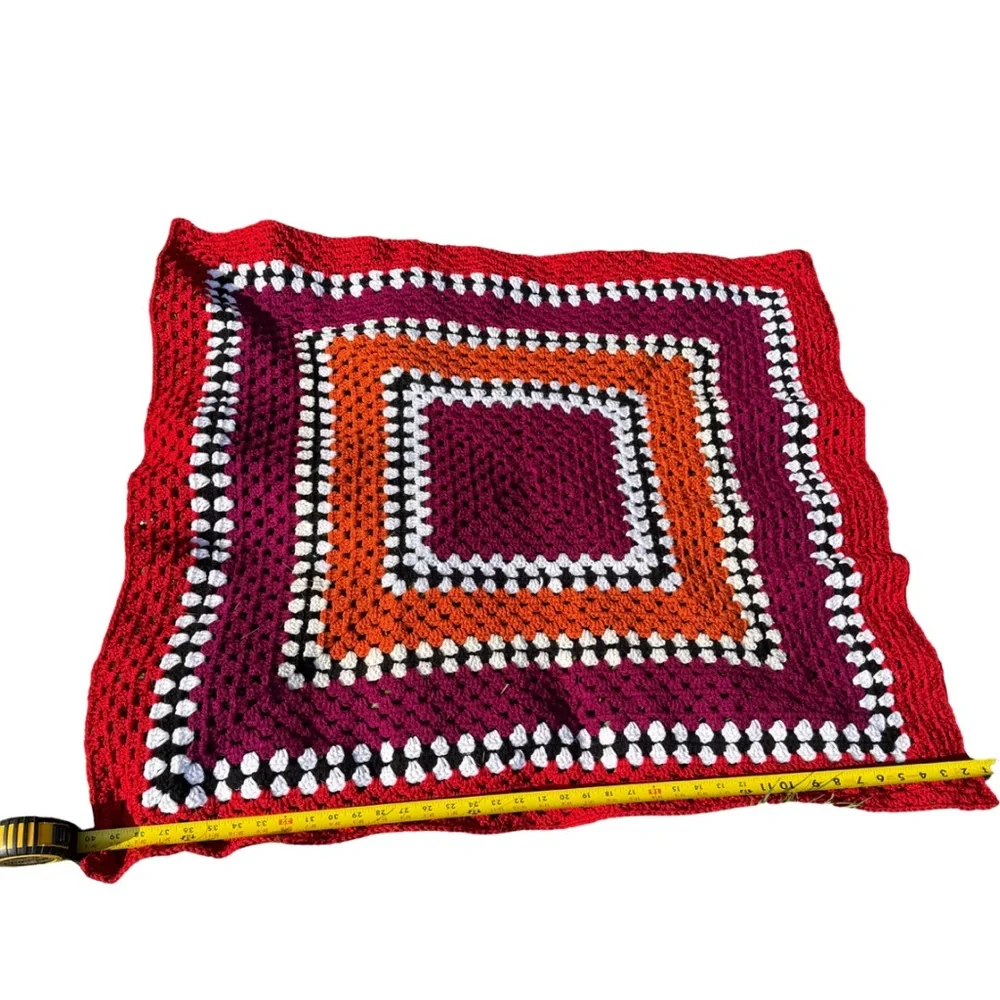 Vintage Handmade Crochet Granny Square Afghan Blanket 36x36 Red Orange Purple‎